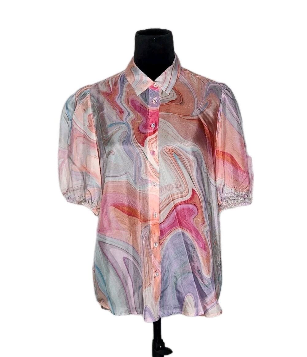 Johnny Was Silk Blouse Size S Pink Multicolor Marble Swirl Print Puff Sleeve